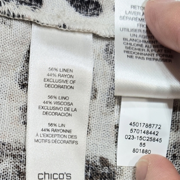 Chico's Linen Blend Leopard Print Open Front Vest Zip Pockets Shimmering - Picture 9 of 10